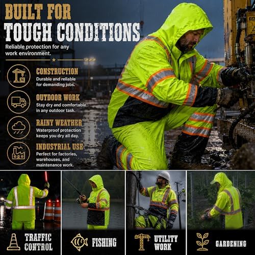 Rain Suits for Men Waterproof Reflective High Visibility Rain Gear Mens Heavy Duty, Hi Vis Rain Jacket & Pants with Black Bottom Class 3 ANSI/ISEA Compliant, Yellow Black S/M