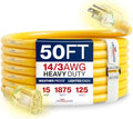 50ft Outdoor/Indoor Extension Cord 14/3 Gauge Heavy Duty 3 Prong SJTW, Waterproof, Flexible Cold-Resistant Long Power Cord,15A 125V 1875W, Yellow by LifeSupplyUSA
