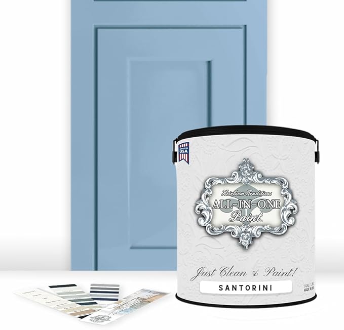 ALL-IN-ONE Paint by Heirloom Traditions, Santorini (Slate Blue), Gallon - Durable cabinet and furniture paint. Built in primer and top coat, no sanding needed. Includes our 30 featured color card.