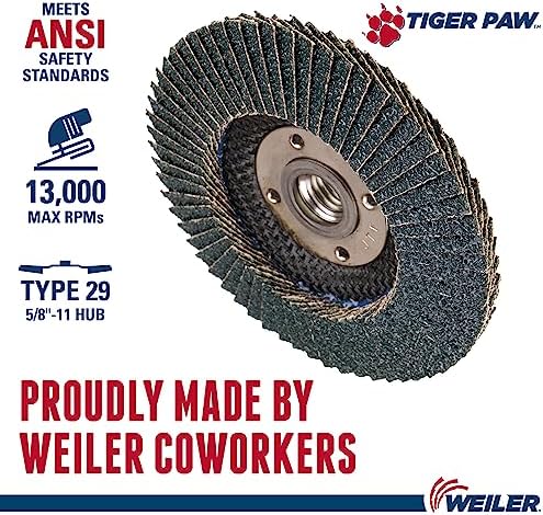 Weiler 51123 4-1/2" Tiger Paw Abrasive Flap Disc, Conical (Ty29), Phenolic Backing, 36Z, 5/8"-11 Unc Nut (Pack of 10)