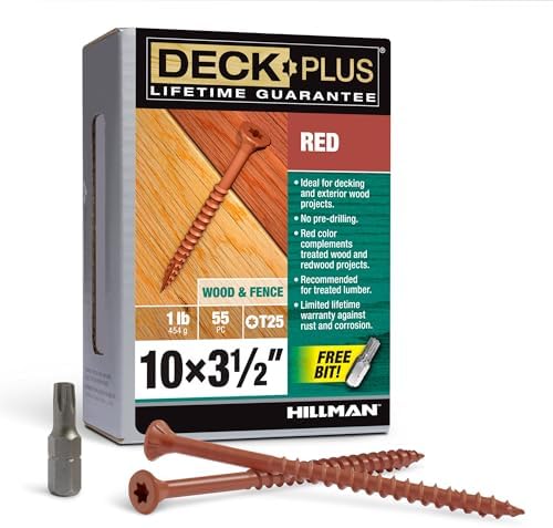 Deck Plus 3-1/2 Inch Epoxy Coated Exterior Wood and Fence Screws #10 x 3-1/2" Torx/Star Drive Included Coarse Thread, Outdoor Rust Resistant Decking Screw, Red, 1lb Box, 55 Pieces | 48435