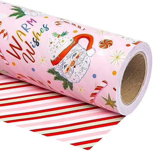 WRAPAHOLIC 30 Inch Jumbo Reversible Christmas Wrapping Paper - 30 Inch x 100 Feet Jumbo Roll Santa Claus Cup and Stripe Wrapping Paper for Chrsitmas, Holiday, Party Celebration
