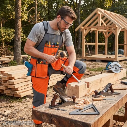 2-in-1 Chainsaw Protective Chaps and Apron Combo, Heavy Duty 900D Oxford Woodworking Tool Apron with 10 Pockets, Adjustable Safety Logger Chaps for Carpenter, Arborist, Gardening