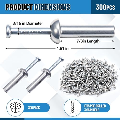 300 Pack 3/16" X 7/8" Drive Nail in Anchor Hammer Pin Anchor