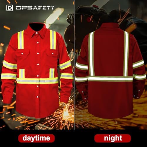 FR Shirts for Men 7oz High Visibility Fire Resistant Shirts CAT2 Welding Shirt 100% Cotton Hi Vis Flame Resistant Shirt Red(Small)