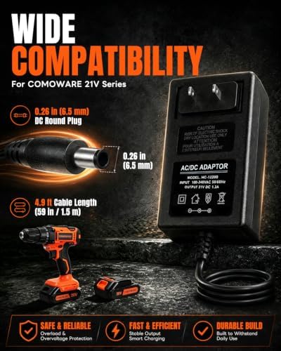COMOWARE 20V Fast Charger, 30W Official Charger Adapter for COMOWARE 20V Cordless Drill Battery, Rapid Charging Tool Accessories