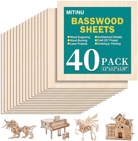 40 Pack Basswood Sheets for Crafts,12"x12"x1/8" 3mm Thick Plywood Sheets with Smooth Surfaces-Unfinished Squares Wood Boards for Laser Cutting, Wood Burning, Architectural Models, Staining