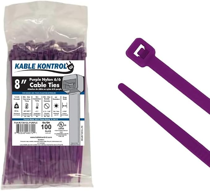 Kable Kontrol Purple Zip Ties 8 Inch 100 Pcs, 50 Lbs Tensile Strength, Self-locking Nylon Colored Cable Ties Wire Wraps for Indoor or Outdoor Use