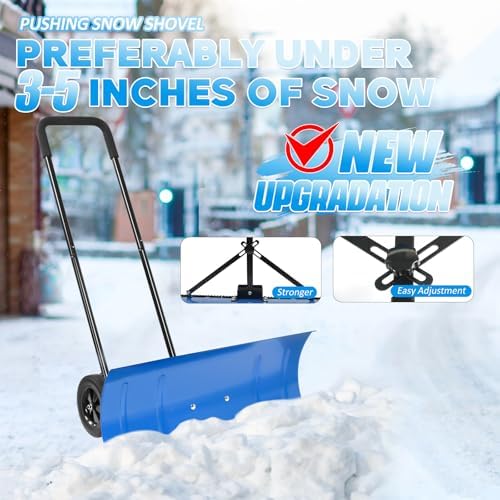 Snow Shovel Pusher, 29.13-inch Metal Snow Pusher with Wheels for Driveway, Adjustable Angle and Height Snow Pusher Shovel for Sidewalks, or Parking Lots