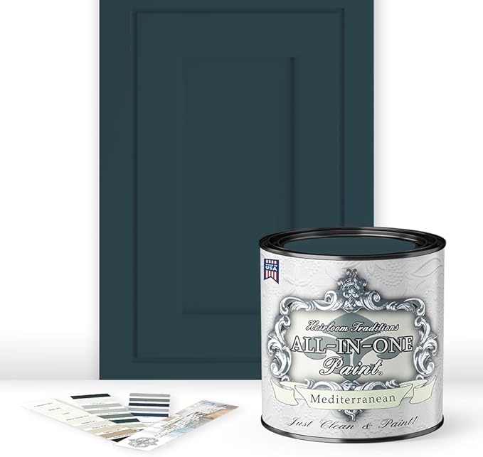 ALL-IN-ONE Paint by Heirloom Traditions, Mediterranean (Blue Teal), Quart - Durable cabinet and furniture paint. Built in primer and top coat, no sanding needed. Includes our 30 featured color card.