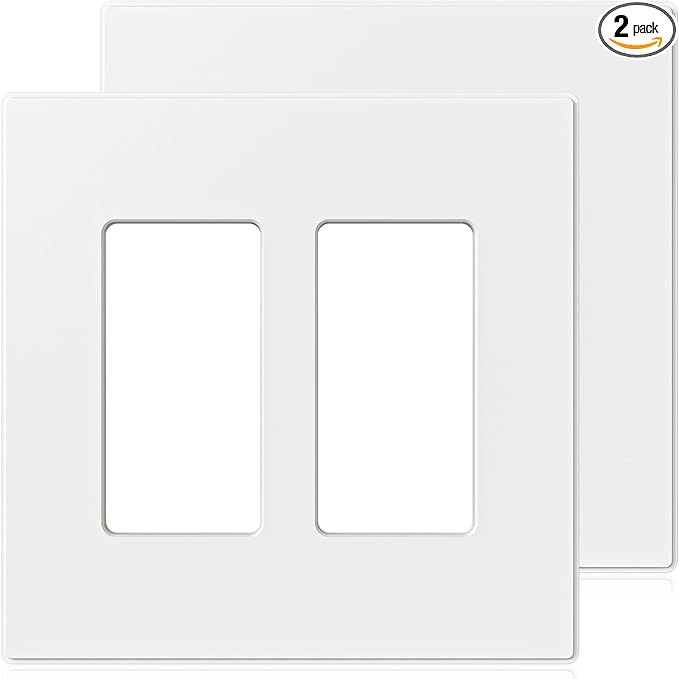 ELEGRP 2-Gang Screwless Decorative Wall Plates, Mid-Size 4.88" height x 4.94" length Unbreakable Thermoplastic Faceplate Cover for Decorator Receptacle Outlet & Switch, UL Listed (2 Pack, Matte White)