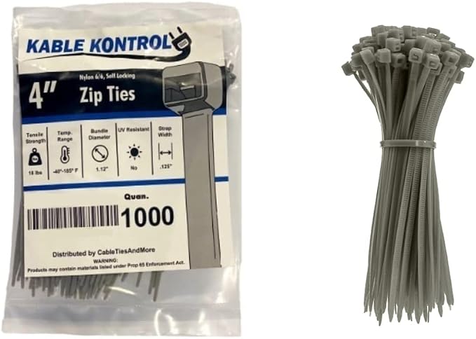 Kable Kontrol Cable Zip Ties, 4 Inch, 1000 Pcs, 18lbs Test, Gray | Nylon Plastic, Self Locking, UL Listed, Indoor Use