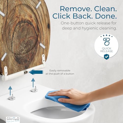 Sanilo Wooden Toilet Seat with Quick Release & Soft Close [ROUND] - Decorative & Slow Close Molded Wood Seat - With One Click for Easy Installation & Cleaning - With Adjustable Fit (Rustic)