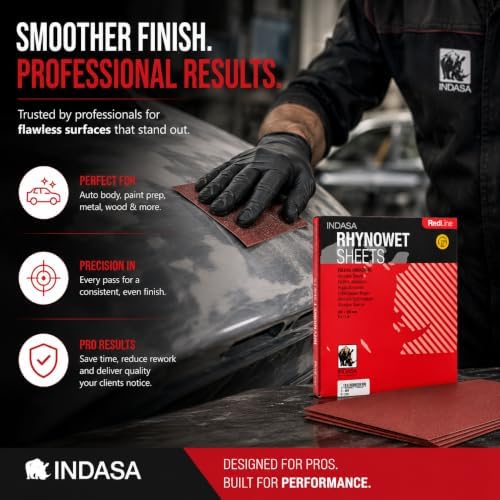 INDASA Rhynowet Red Line Wet Dry Sanding Sheets 9 x 11 Inch 2500 Grit Waterproof Latex Backing Abrasive Paper for Wood Metal Automotive Surface Prep Pack of 50