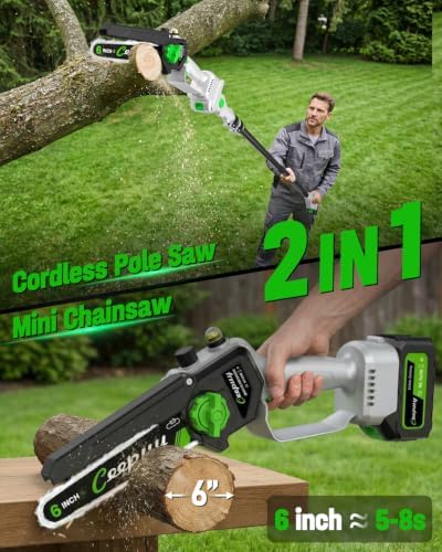 CEEPUY 2-in-1 Brushless Electric Pole Saws for Tree Trimming,6 Inch Cordless Mini Chainsaw with Extension Pole and 2 x 4000mAh Batteries, Pole Chain Saw Gift for Men Dad Husband Fathers Gardener 2026