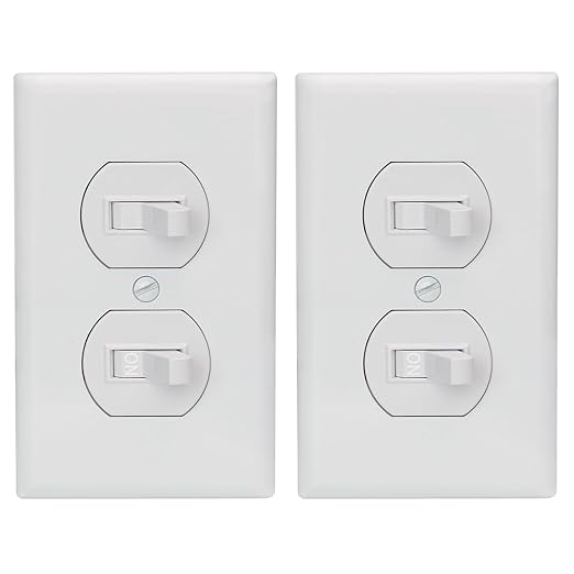 Baomain 2-Pack Double Toggle Light Switch with Wall Plate,15 Amp 125V Two Single Pole Residential Grade,On/Off Electrical Wall Switch Self-grounding, Glossy White ETL Certified