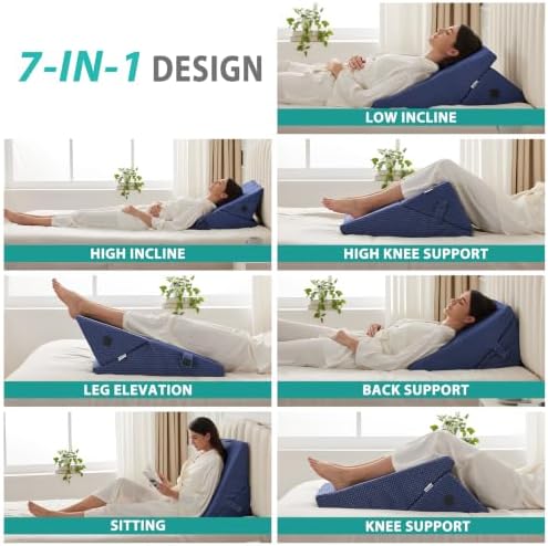Bedluxe Wedge Pillow for Sleeping, Adjustable 9&12 Inch Foldable Bed Wedge Pillow Set, Orthopedic Memory Foam Triangle Pillows Wedge, 7-in-1 Elevated Pillows for Leg and Back Support, Navy