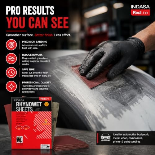 INDASA Rhynowet Red Line Wet Dry Sanding Sheets 9 x 11 Inch 800 Grit Waterproof Latex Backing Abrasive Paper for Wood Metal Automotive Surface Prep Pack of 50