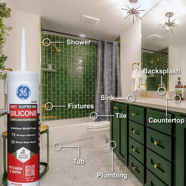 GE Supreme Silicone Caulk for Kitchen & Bathroom, White, 10 fl oz Cartridge, 1 Pack - 100% Waterproof Silicone Sealant, 7X Stronger Adhesion, Shrink & Crack Proof
