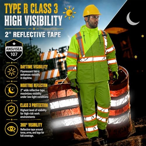 FATONE Rain Suits for Men Waterproof Reflective High Visibility Rain Gear Mens Heavy Duty, Hi Vis Rain Jacket & Pants with Inner Mesh Class 3 ANSI/ISEA Compliant, Lime 4XL/5XL