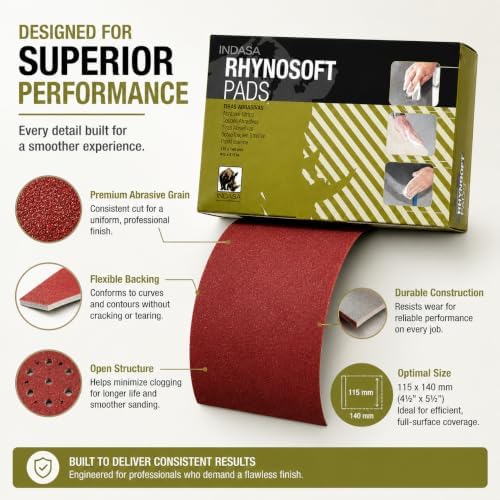 Indasa Rhynosoft Foam Sanding Pads - 4.5" x 5.5", Hook and Loop, 2000 Grit, Redline, Flexible,Tear-Resistant,Ideal for Automotive, Wood, & Finishing (Pack of 20 Pads)