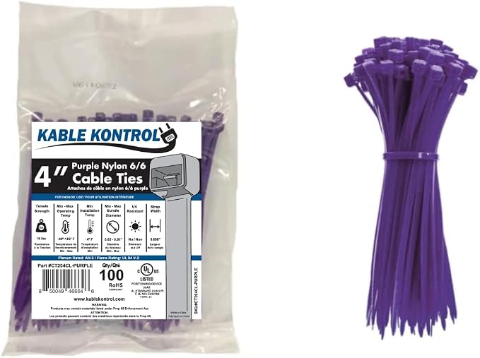 Kable Kontrol Purple Zip Ties 4 Inch 100 Pcs, 18 Lbs Tensile Strength, Self-locking Nylon Colored Cable Ties Wire Wraps for Indoor or Outdoor Use