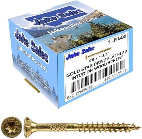 Jake Sales #8 x 1-3/4" Gold Star Wood Screw, T-20 Torx Drive, Flat Head – (1 Pound Box) ~172 Screw Count