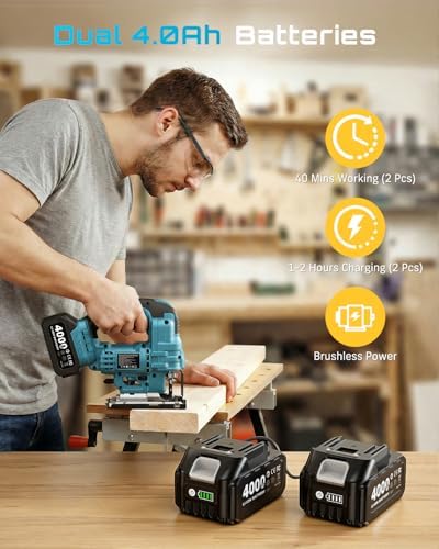 SEESII Brushless Jig Saw, Cordless Jigsaw Tool 2×4.0Ah Batteries