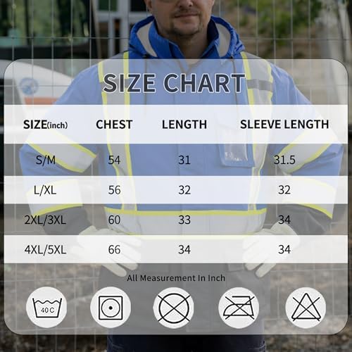 FATONE Hi Vis Rain Jacket for Men Lightweight Reflective Safety Rain Gear Waterproof with Hood, Class 3 Work Raincoat ANSI/ISEA Tested Blue 4XL/5XL