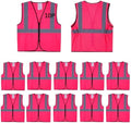 Pink Safety Vests 10 Pack - Reflective High Visibility Construction ANSI Class 2 Work Vests for Men,Woman with Zipper,Hi Vis Mesh and Neon Silver