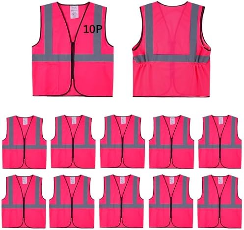 Pink Safety Vests 10 Pack - Reflective High Visibility Construction ANSI Class 2 Work Vests for Men,Woman with Zipper,Hi Vis Mesh and Neon Silver
