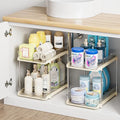Delamu 2-Tier Multi-Purpose Bathroom Under Sink Organizers and Storage, Stackable Kitchen Pantry Organization, Pull Out Medicine Cabinet Organizer with Movable Dividers, Beige, 2 Pack