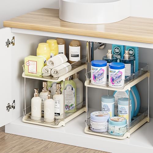 Delamu 2-Tier Multi-Purpose Bathroom Under Sink Organizers and Storage, Stackable Kitchen Pantry Organization, Pull Out Medicine Cabinet Organizer with Movable Dividers, Beige, 4 Pack