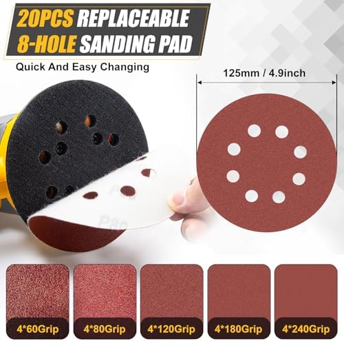 Cordless Random Orbital Sander Compatible for Dewalt 20v 60v Battery(NO Battery), Electric Palm Orbital Sander With Dust Collector, 6 Variable Speeds, 20Pcs Sandpaper For Sanding Polishing Woodworking