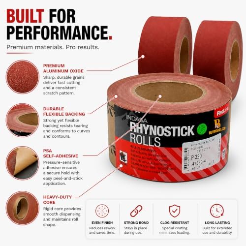 Indasa 2.75" PSA Sandpaper Roll - Rhynostick 80-Grit 27 Yard Long Continuous Roll, Self-Adhesive Stickyback Sand Paper for Woodworking, Automotive, Metal (Aluminum Oxide Plus Lubricant), Redline