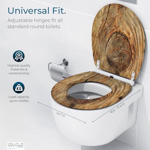 Sanilo Wooden Toilet Seat with Quick Release & Soft Close [ROUND] - Decorative & Slow Close Molded Wood Seat - With One Click for Easy Installation & Cleaning - With Adjustable Fit (Rustic)