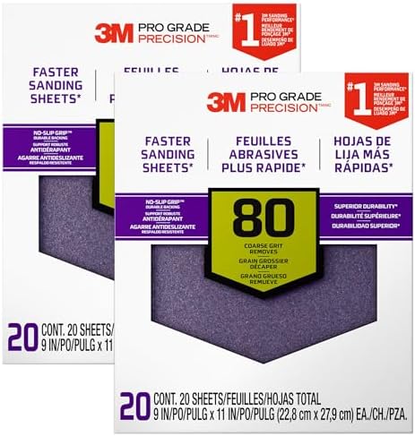 3M Advanced Sandpaper, 20 Sheets, 80 Grit, 3M Pro Grade Precision, No-Slip Grip Backing, 9-in x 11-in, for Sanding on Wet or Dry Surfaces (26080CP-P-G), 2-Pack