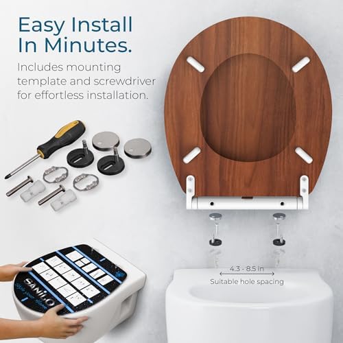 Sanilo Wooden Toilet Seat with Quick Release & Soft Close [ROUND] - Decorative & Slow Close Molded Wood Seat - With One Click for Easy Installation & Cleaning - With Adjustable Fit (Mahogany)
