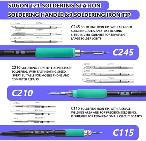 SUGON T21 Digital Soldering Iron Station 120w, Use 9 Soldering Iron Tip 3 Seconds Fast Heat up 716℉, 3 Temperature Memory Storage, 212℉-842℉, Auto Sleep, C / °F, Quick Change Soldering Tip Holder