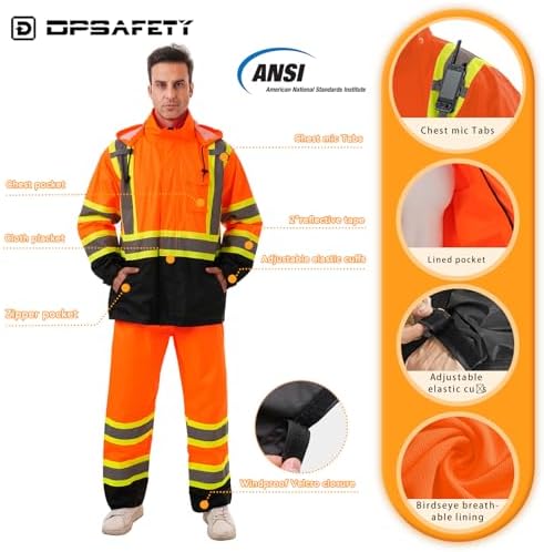 Hi Vis Safety rain Jacket，Reflective Class 3 Rain coat with Inner Mesh Lining and Pockets High Visibility Waterproof work Rain Suits for men&women（Orange,2XL/3XL）