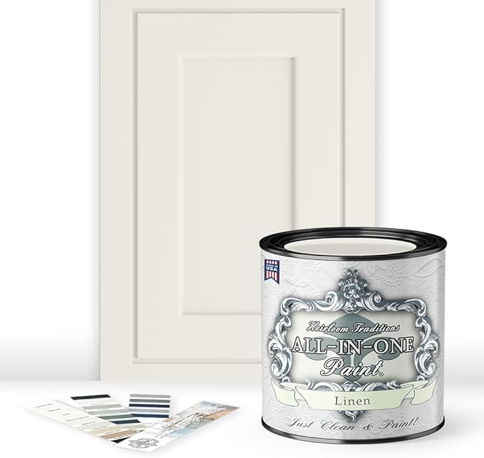 ALL-IN-ONE Paint by Heirloom Traditions, Linen (Soft Warm White), Quart - Durable cabinet and furniture paint. Built in primer and top coat, no sanding needed. Includes our 30 featured color card.