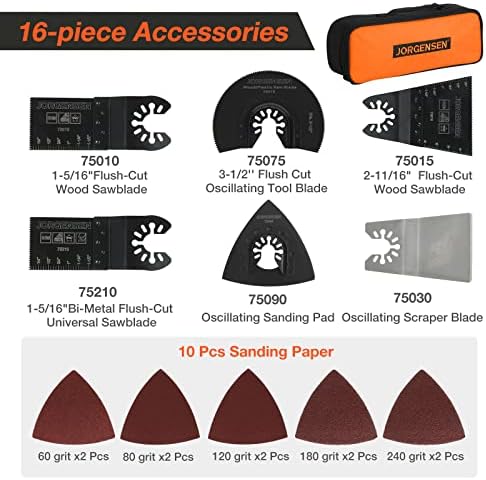 JORGENSEN Corded Oscillating Multi Tool, Variable Speed with 16 PCS Blades