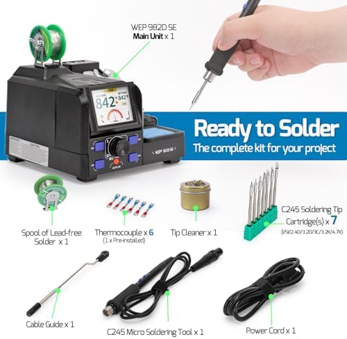 WEP 982D SE 200W 1S Heating Precision Soldering Iron Station for Electronics Repair & DIY with 7 C245 Tips, 194°F-842°F, 4 Preset Channels, Auto Temp. Calibration, Sleep Mode, °C/°F, ESD Safe