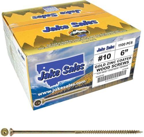 Jake Sales #10 X 6 Gold Star Wood Screw Torx/Star Drive Flat Head (Full Box - 1,100 Screw Count) - Multipurpose Torx/Star Drive Wood Screws