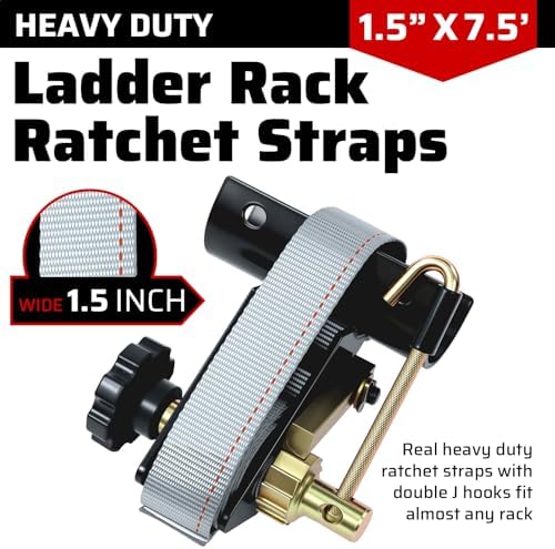 Rack Straps with J-Hook (4PK),1.5" x7.5' Ladder Rack Ratchet Straps, 2" Round Tube Mount, Perfect Ladder Rack Tie-Downs for Trailer Cargo Control