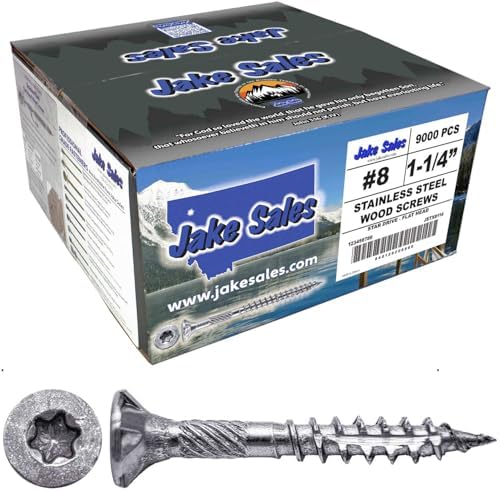 Jake Sales #8 x 1-1/4" Silver Star Stainless Steel Wood Screw Torx/Star Drive Head - 300 Grade Stainless Steel - (Full Box - 7,500 Approx. Screw Count)