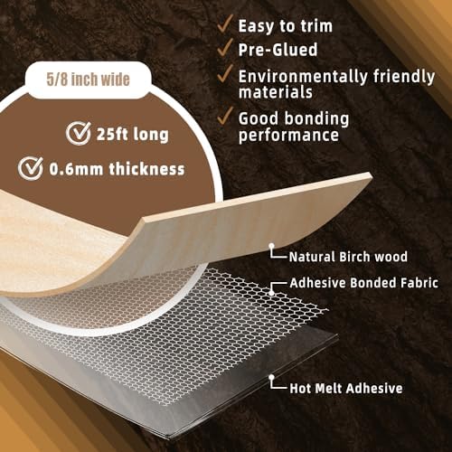 GSCIT Club Birch Edge Banding, 5/8 Inch x 25ft Roll of Veneer - Pre-glued Flexible, Real Wood Tape for Cabinet Repair and Furniture Restoration