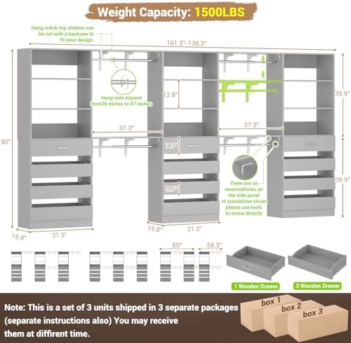 Aheaplus Closet System, 138.5" Closet Organizer with 12 Drawers & 4 Rods