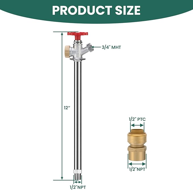 12 Inch Anti-Siphon Frost-Free Outdoor Sillcock, Lead-Free Brass Frost-Proof Faucet Bib with Backflow Preventer, 1/2" Push-Fit Adapter