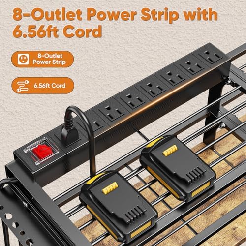 POKIPO Power Tool Organizer Wall Mount with Charging Station, 4 Tier Tool Battery Storage Rack Built in 8 Outlet Power Strip for Garage, 33" W, Black Wood